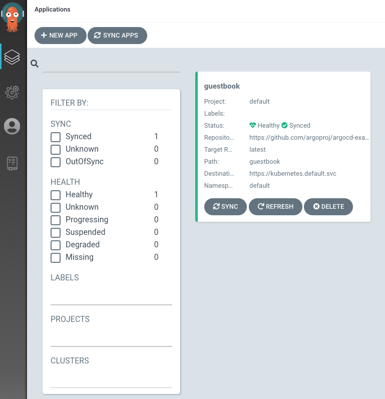 ArgoCD Application card list — Each card shows sync status and health status with colors