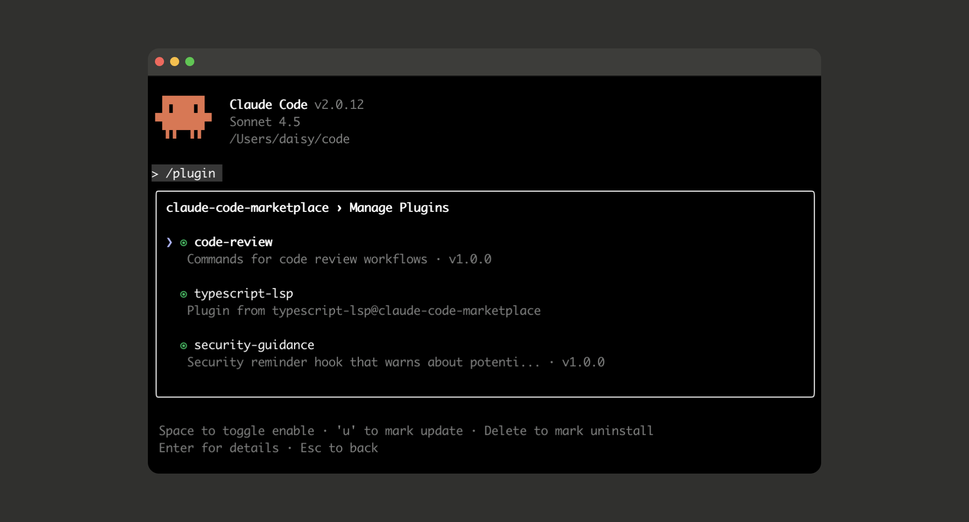 Claude Code의 /plugin Manage Plugins 화면